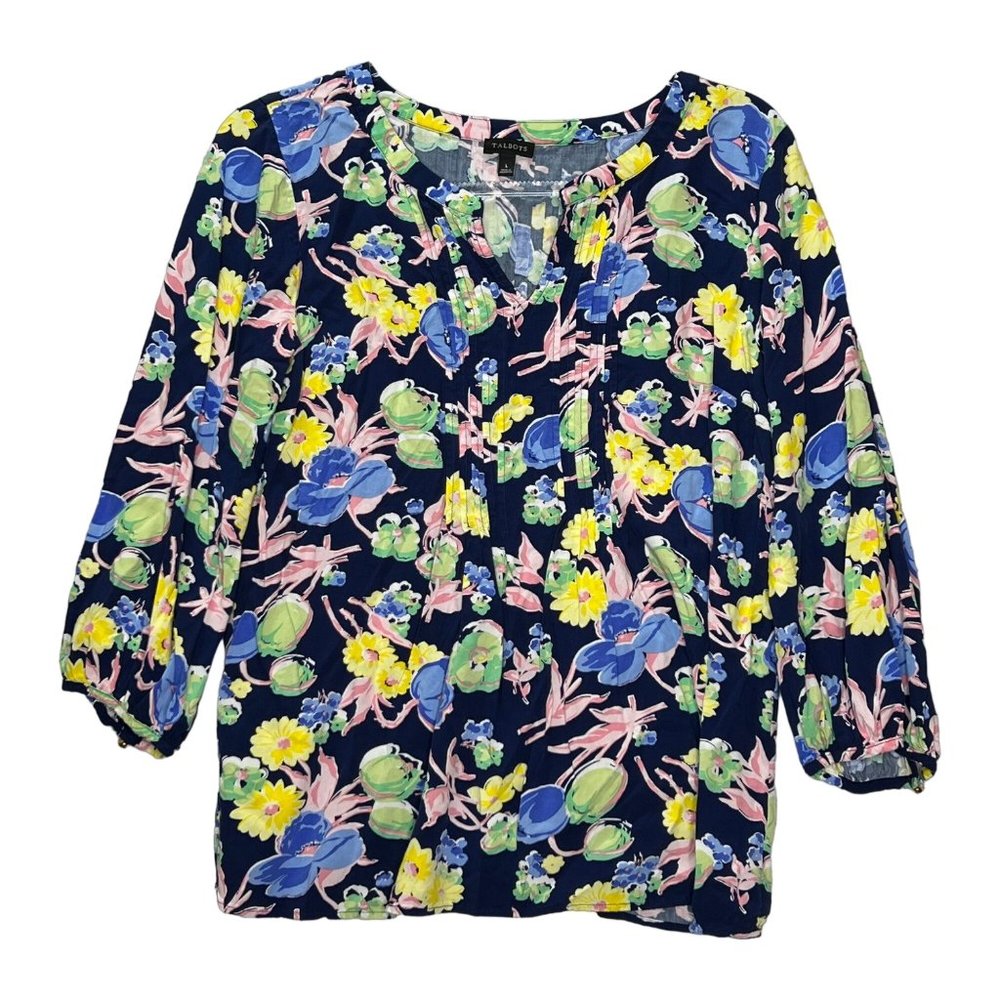 Talbots Top Womens Large Black Yellow Blue Long Sleeve Split Neck Pullover Flora